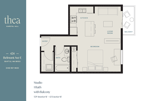 Floor plan for studio, 1 bath, 529 sqft